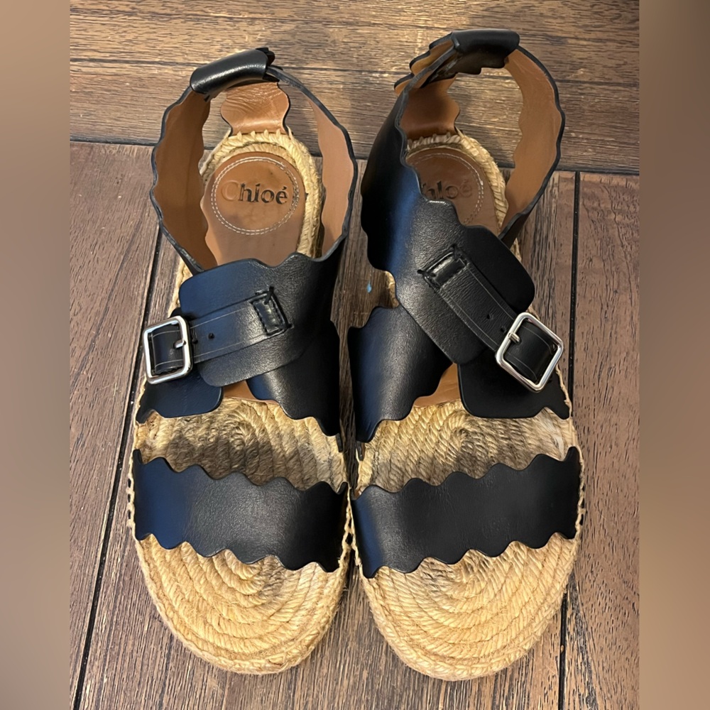 Chloe Lauren Scalloped Black Leather Espadrilles size 37 Women’s size 7 - Picture 7 of 13